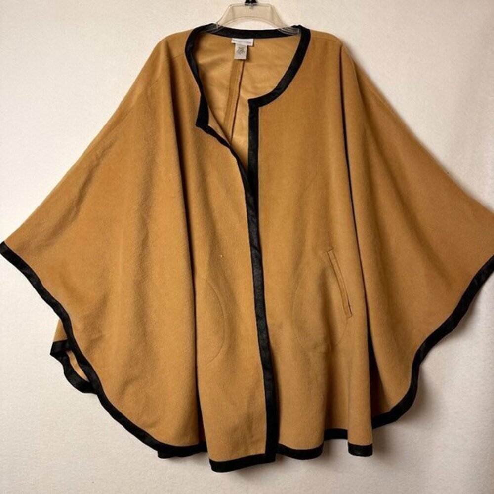 Soft Surroundings cape Womens M tan brown black trim shawl‎ poncho oversized